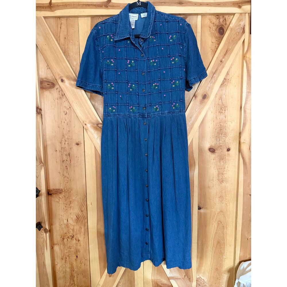 Vtg 90s Country Cowgirl Floral Embroidered Denim Maxi Dress Womens 18 Prairie